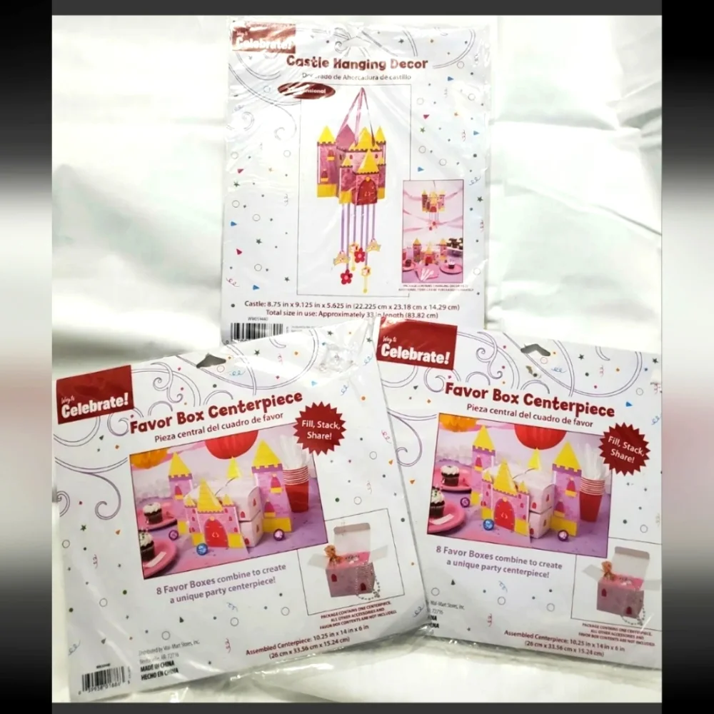 :* 16 pink princess castle party Favor Boxes & hanging centerpiece bundle